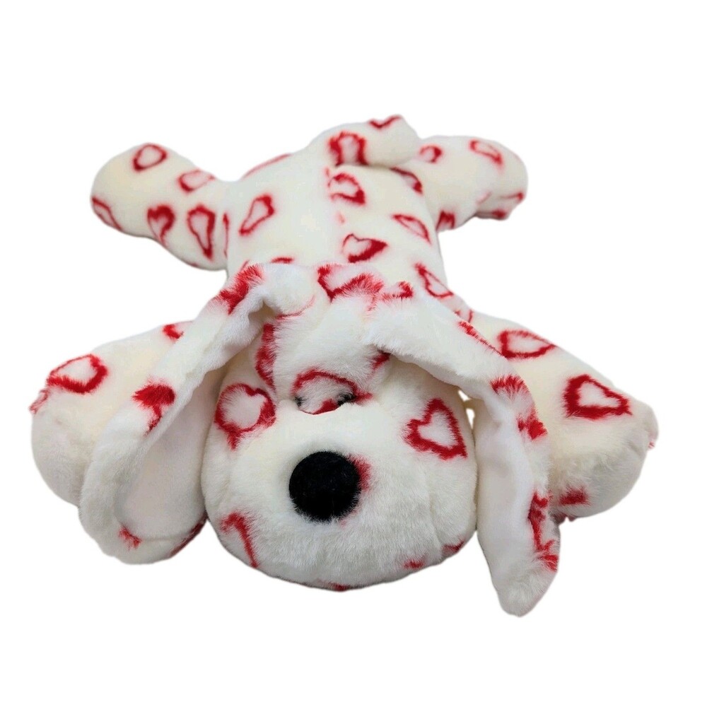Fiesta Laying Floppy Dog Plush Stuffed Animal White Red Hearts Bean Bag 18"